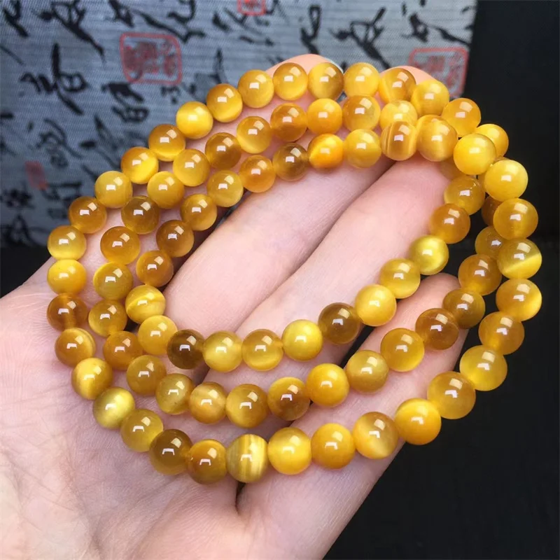 Natural Golden Tiger Eye Stone Triple Circle Bracelet Gemstone Round Bead Crystal Healing Gemstone Jewelry Gift 1PCS 6MM