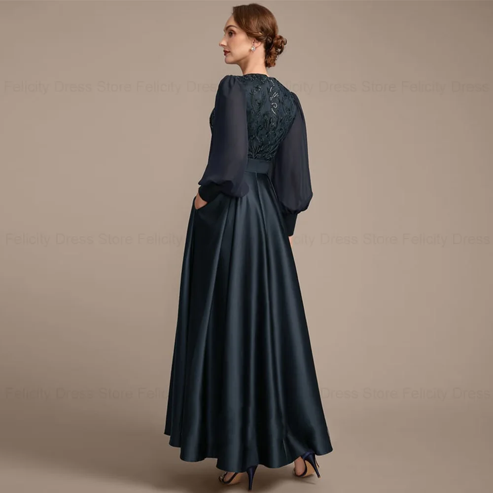 FELICITY-Vestido de cetim com lantejoulas para a mãe da noiva, vestido de noite longo, vestido elegante para casamento, apliques de renda