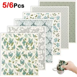 5/6Pcs Kitchen Dishcloths Eco-Friendly Reusable Swedish Dishcloths Print Absorbent Dish Towels for Counter Dishware Cleaning New