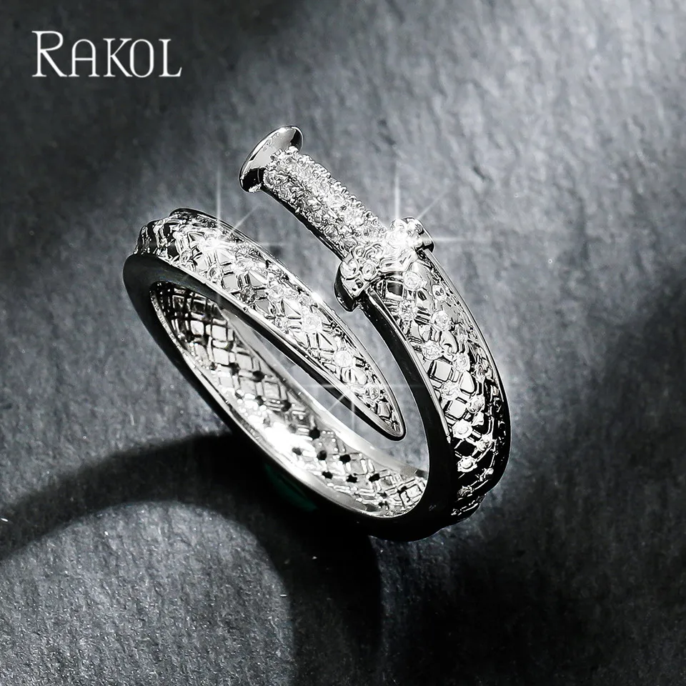 Rakol New Iced Out Bling CZ Justice Sword Ring Silver Color Cubic Zircon Cross Rings For Men Women Hiphop Jewelry