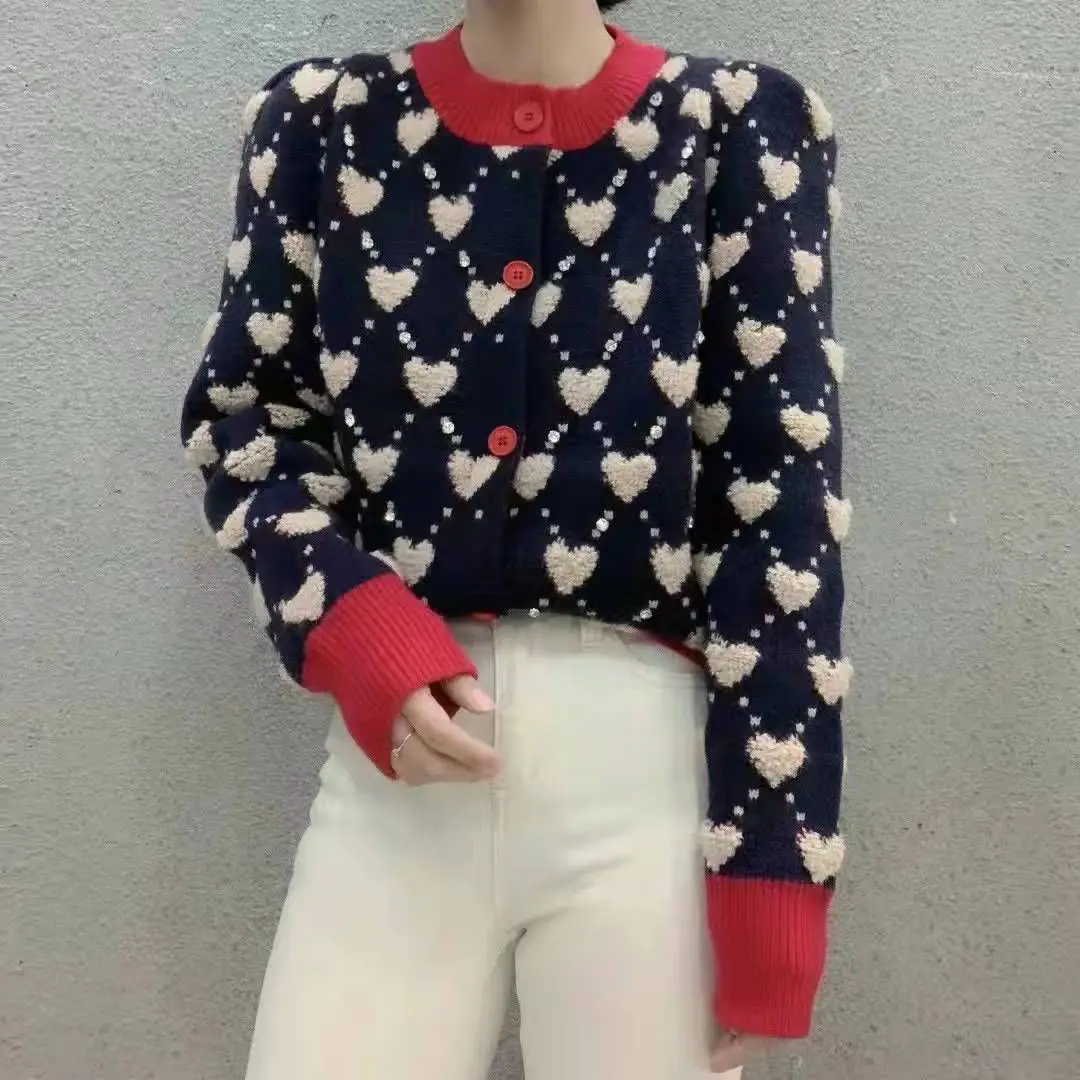 Autumn Winter Fashion Patchwork Diamonds Knitting O-neck Long Sleeve Cardigan Female All-match Buttons Embroidered Sweater Tops