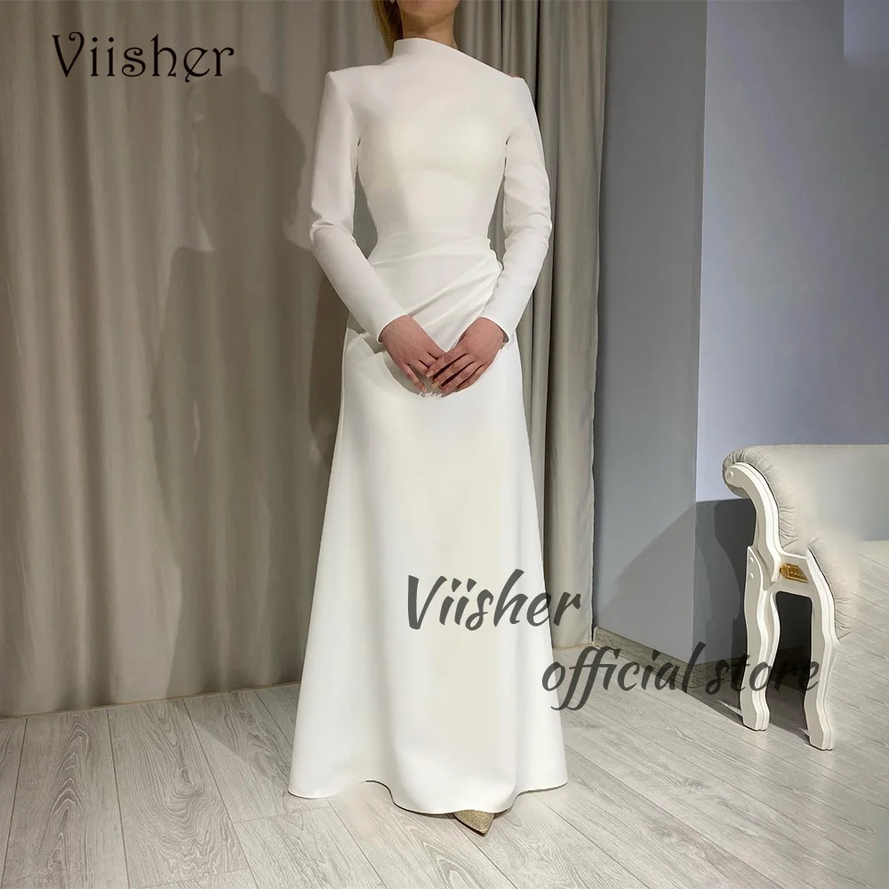 

Viisher Ivory Satin Mermaid Evening Dresses Long Sleeve High Neck Dubai Arabic Prom Party Dress Elegant Women Formal Dress