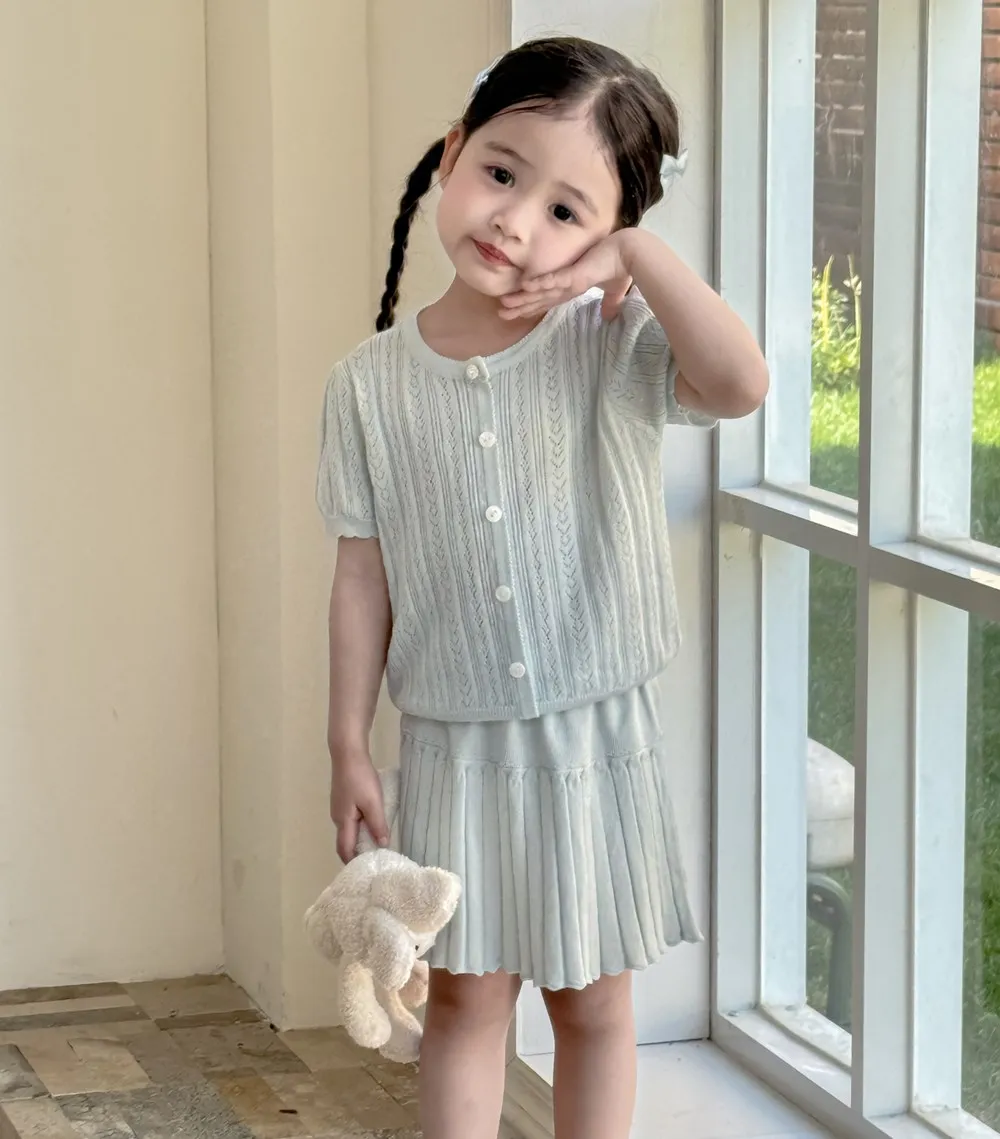 

Летняя одежда для малышей, одежда для маленьких девочек, вязаный топ для девочек, полый свитер с короткими рукавами + юбка