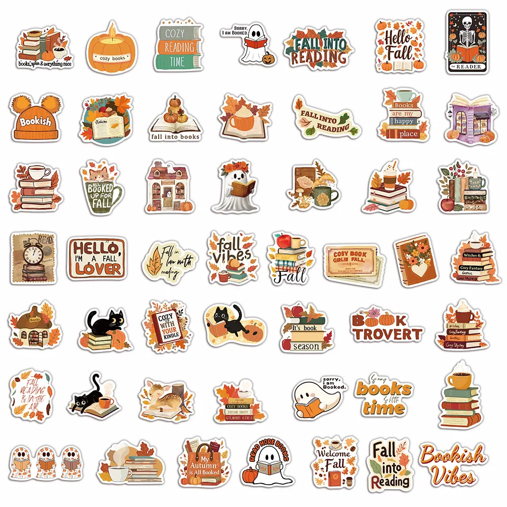 50PCS Bookish Autumn Graffiti Stickers Cartoon Cute Ghost Books Graffiti DIY Bookbook Notebook Stickers