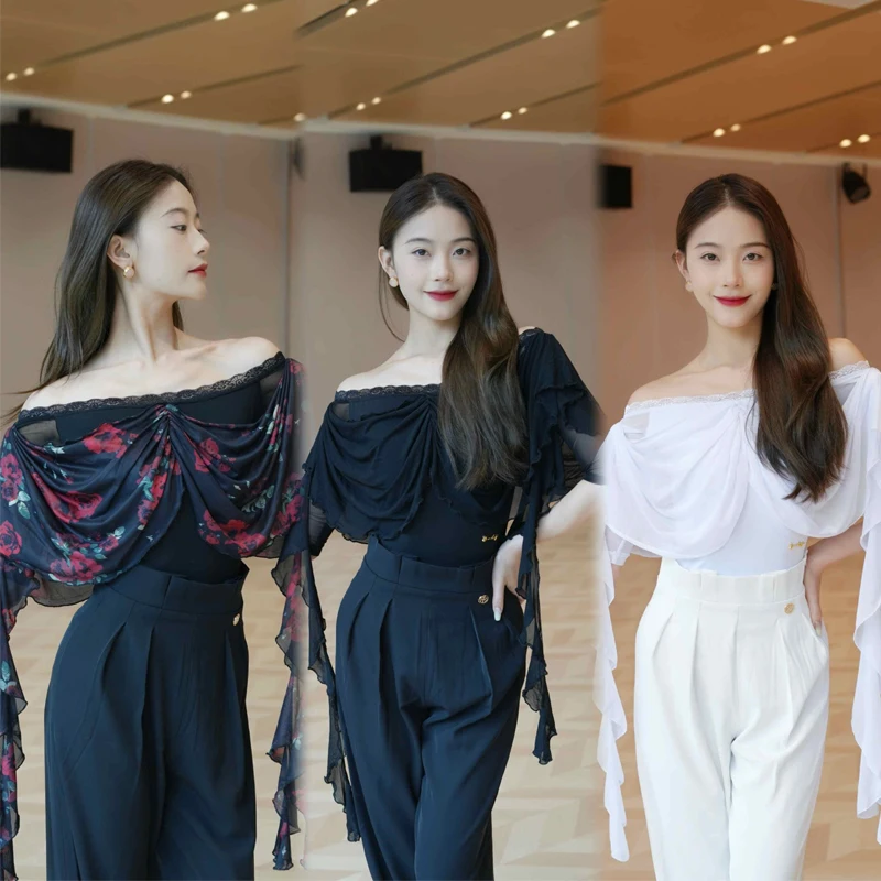 

Female One Shoulder Waltz Modern Dancing Top For Women'S Ballroom Dance Ribbon Tops Adults Latin Dance Practice Wear SL13063