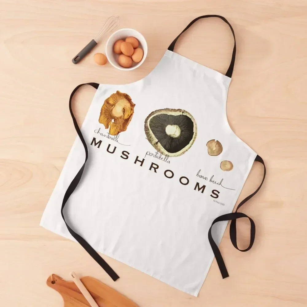 

Chanterelle, Portabella, Brown Beech Mushroom Print Apron New year's cook wear Kitchen Kawaii Accessories Dress Apron