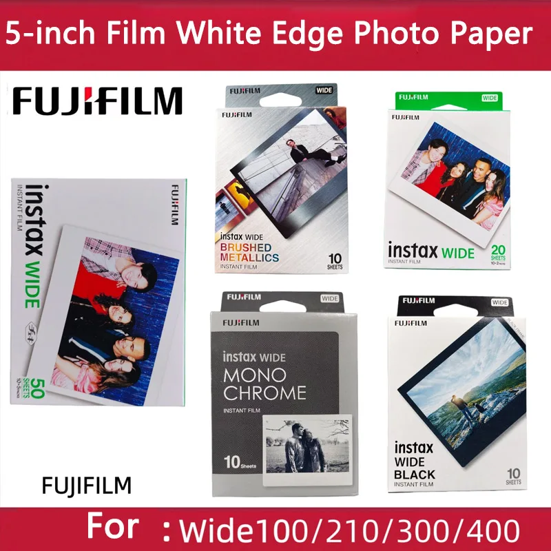 Papel Fujifilm de 5 pulgadas con borde blanco, 10-100 hojas de película Fujifilm Instax Wide en negro/aranjas para cámaras Fujifilm WIDE 200/300/400.