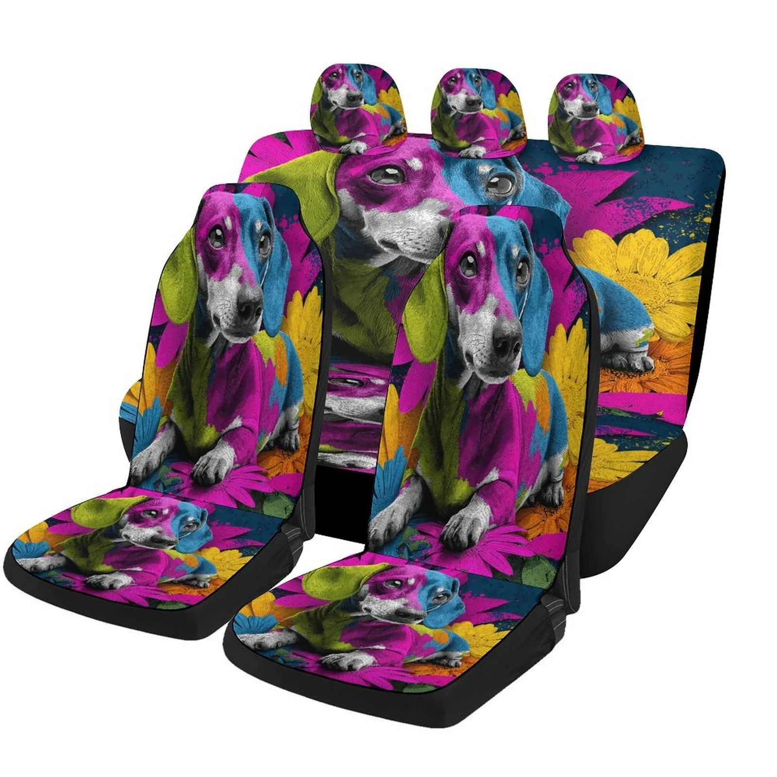 

Fit Car Seat Covers For Most Vehicles - Cute Puppy & Flower Dog Design, Full Set For 2 Front & Rear Seats, Machine Washable Ligh