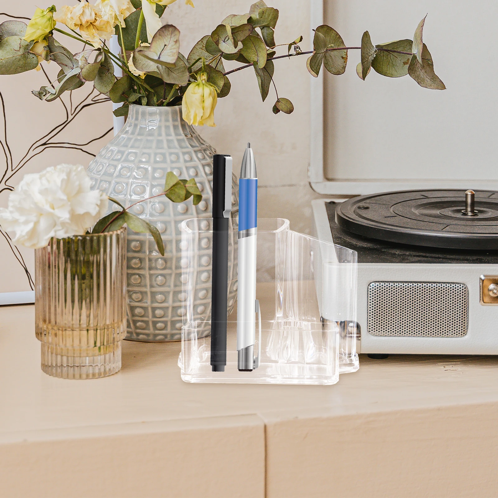 

Clear Acrylic Pen Holder Desktop Organizer Makeup Brush Storage Box Transparent Office Home Container Large Capacity