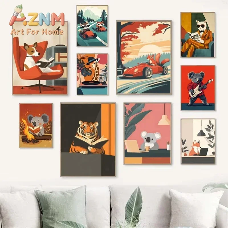1pc frameless Funny Animals Reading Driving Poster Cute Squirrel Koala Dog Cat Drinking Coffee Canvas  Wall Art for Room