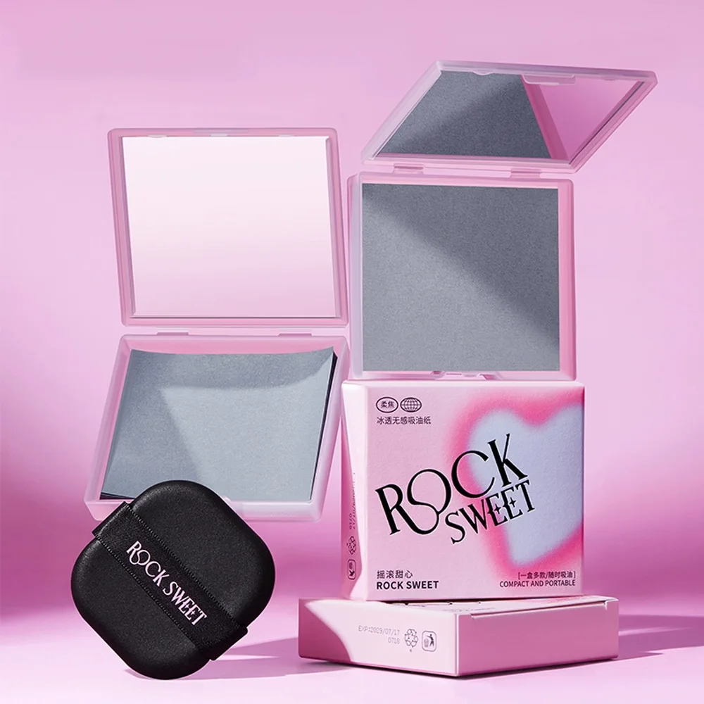

Rock Sweet 100 Pieces Oil Blotting Paper Bamnoo Charcoal Easy Dispensing Oil-obsorbing Sheet with Mirror & Puff