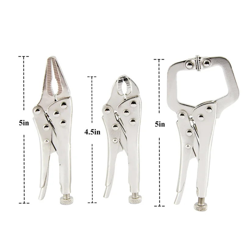 3Pcs Mini Vise Locking Pliers Set Curved Jaw Pliers and Long Nose and C Clamp Assorted Locking Welding Clamp