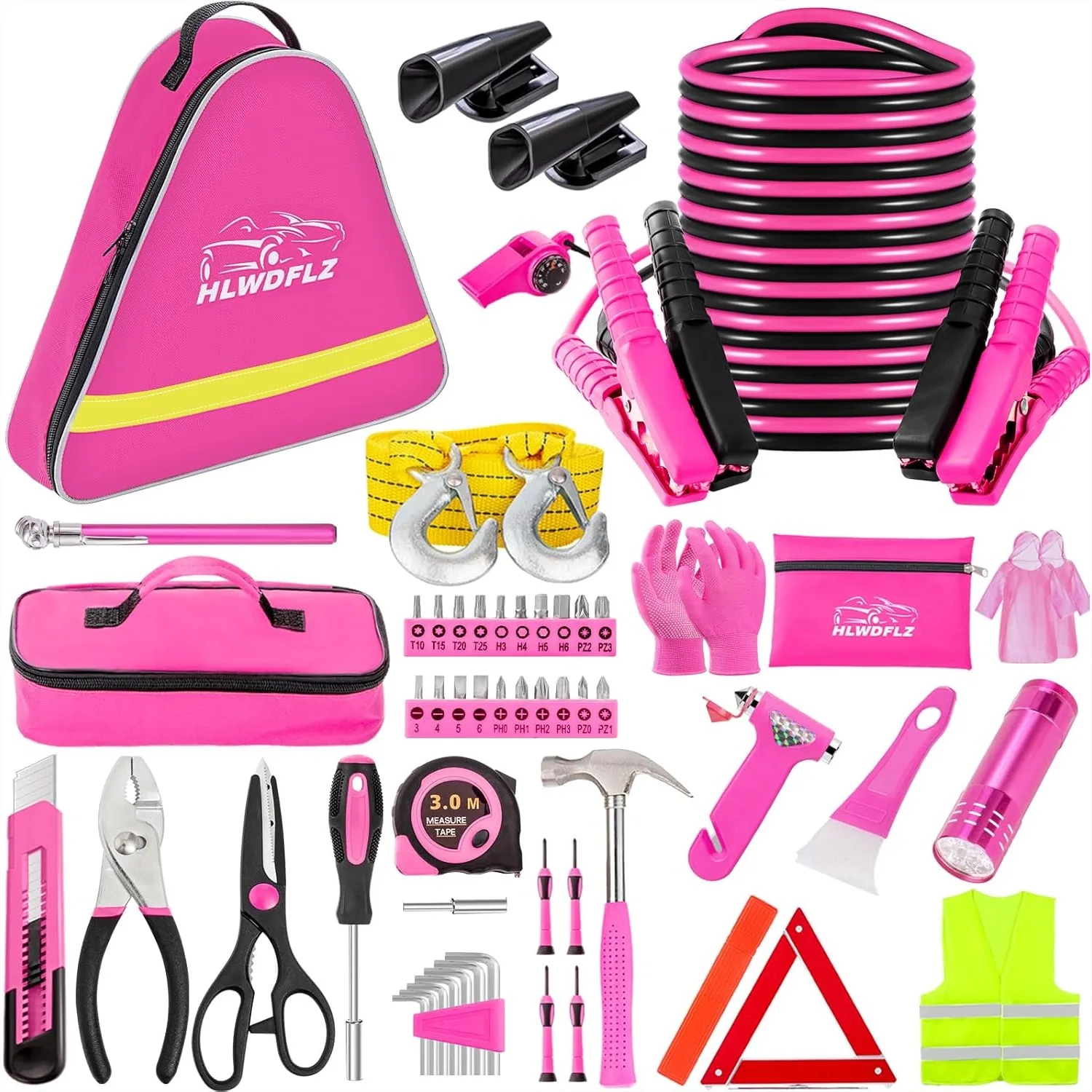 

Pink Car Emergency Kit with Jumper Cables, Auto Tool Set, Deer Whistles for Women and Teen Girls