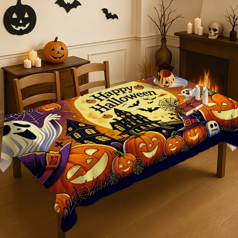 1 piece of Halloween-themed tablecloth with decorations of pumpkins, ghosts and bats, made of polyester rectangle tableclothzyc