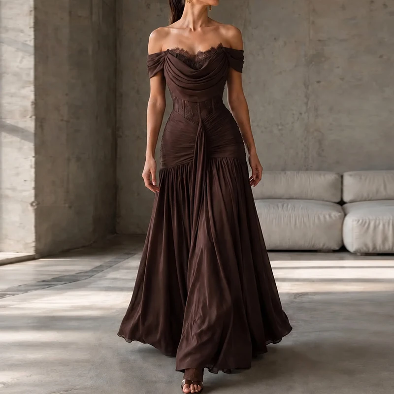 Chic Lace Patchwork Sleeveless Wedding Dress Casual Backless Solid Long Dress Lady Sexy Strapless High Waist Slim Evening Dress