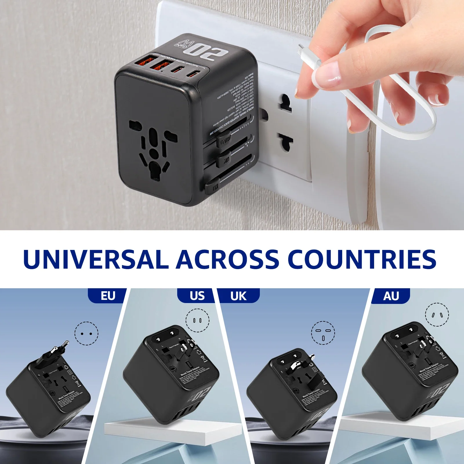 

4 Port Power Adapter Multifunctional Travel Adapter with 2 USB and 2Type-C Ports International Travel Essentials for US/AU EU UK
