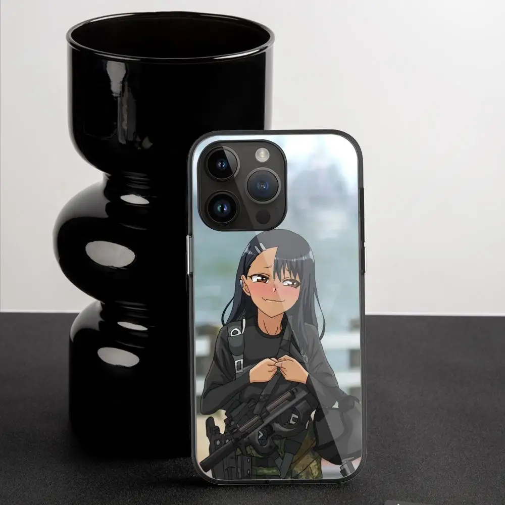 N_nagatoro Phone Case For iPhone 15 Pro Max14 13 12 Mini 11 XR XS 8 7 Plus Black Art Glass Cases