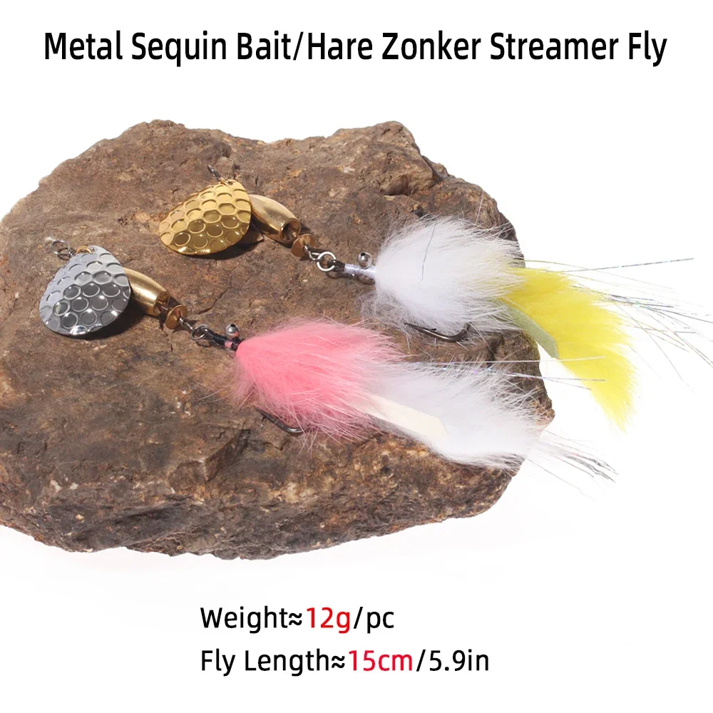 Wifreo 2pcs/5pcs Hare Zonker Streamer Fly Metal Spoon Lure Spinnerbait Sequin Lure Wobbler Hard Bait Trout Fishing Lure Baits