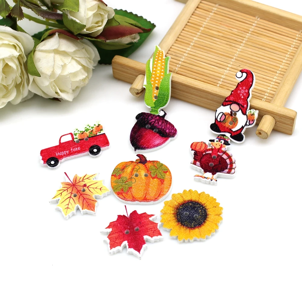 50PCs Cartoon Pastoral style Buttons Decorative Buttons Fit Sewing DIY Wooden Buttons Sewing Scrapbooking Accessories