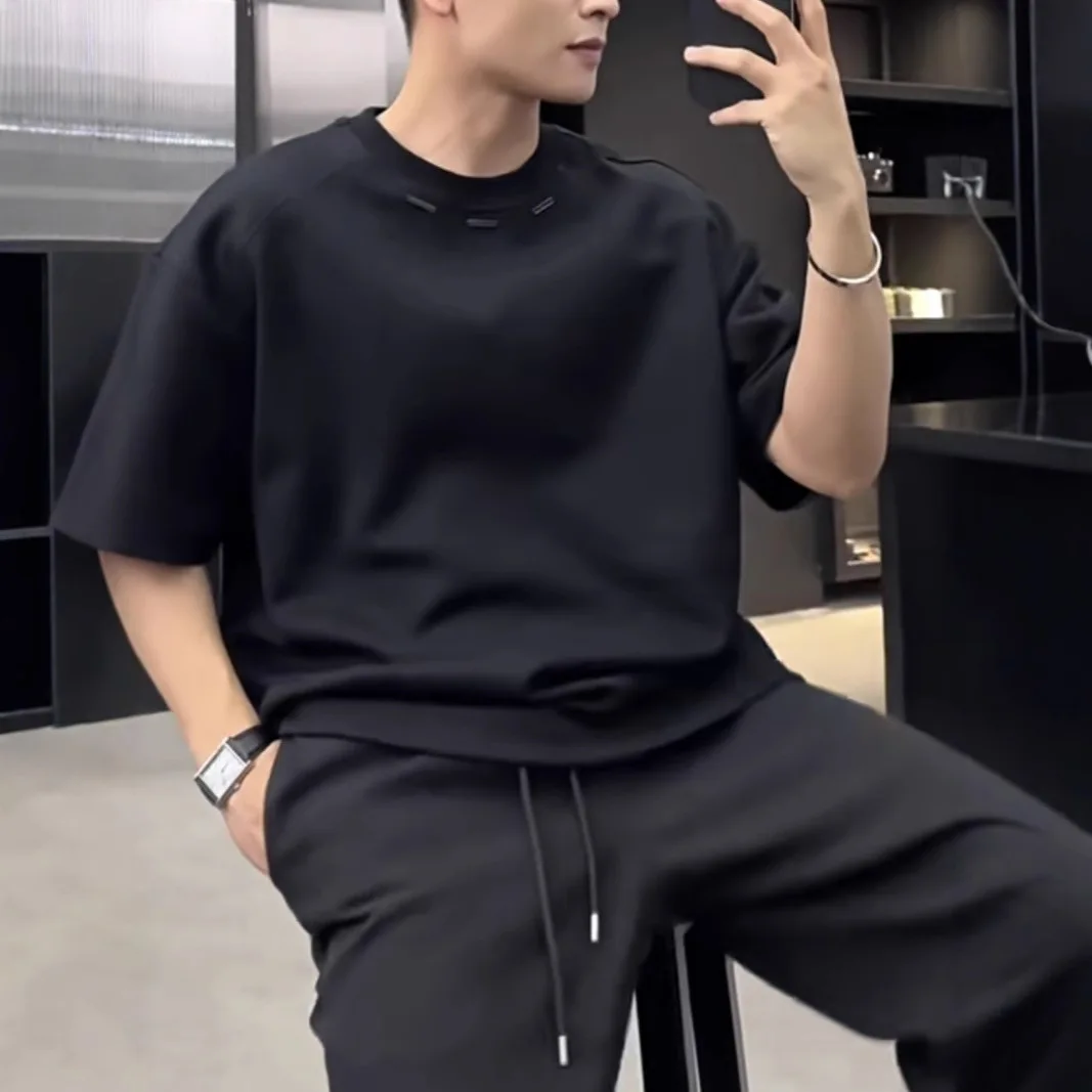 Summer New Heavyweight Short Sleeve T-Shirt For Men, Fashionable, Simple, High-End Feel, Loose Half Sleeve, Trendy, Cool, Solid