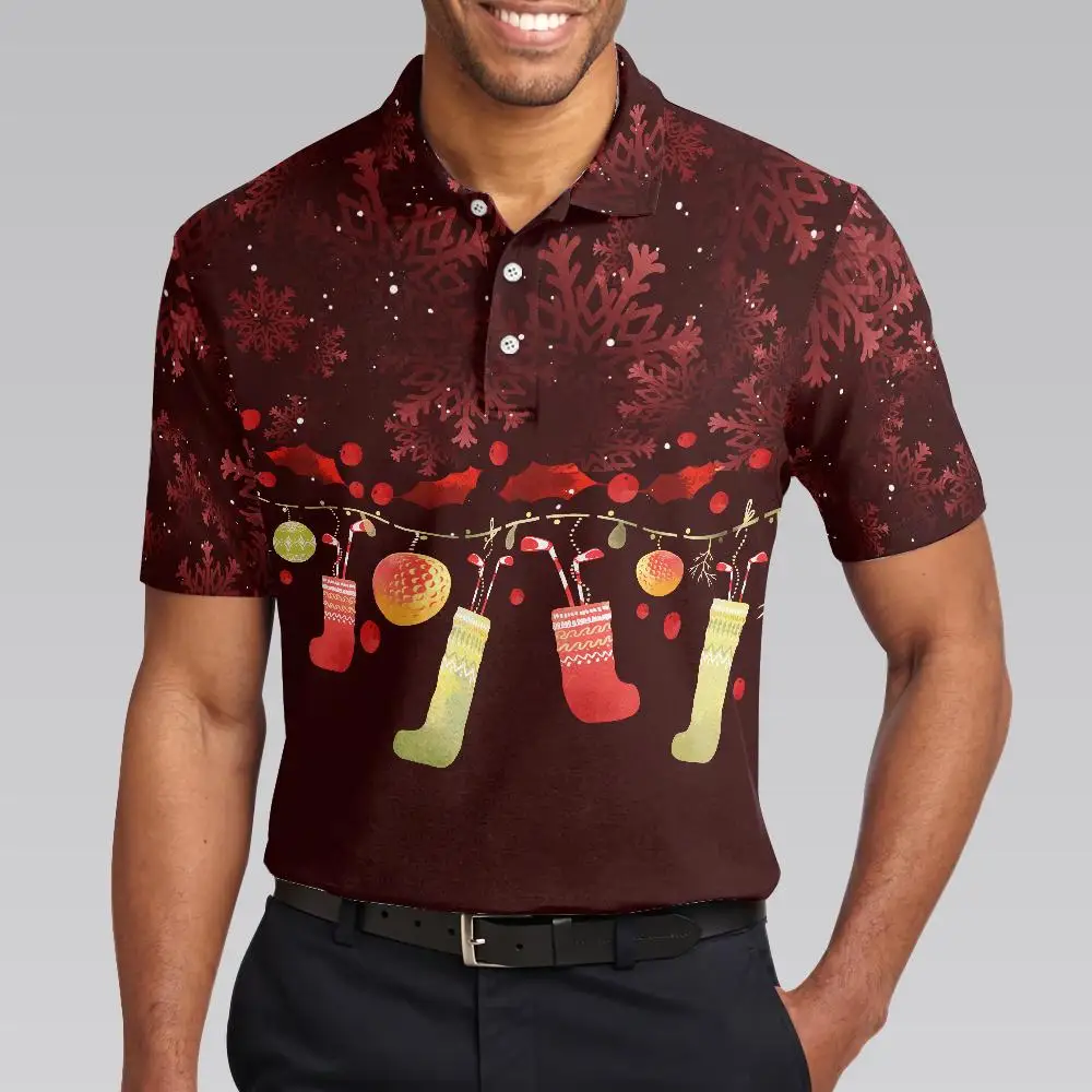 Christmas Golf Polo Shirt, Holiday Stocking All-over Print, Maroon Xmas Gift for Golfer, Golf Ball Ornament Design,  2026