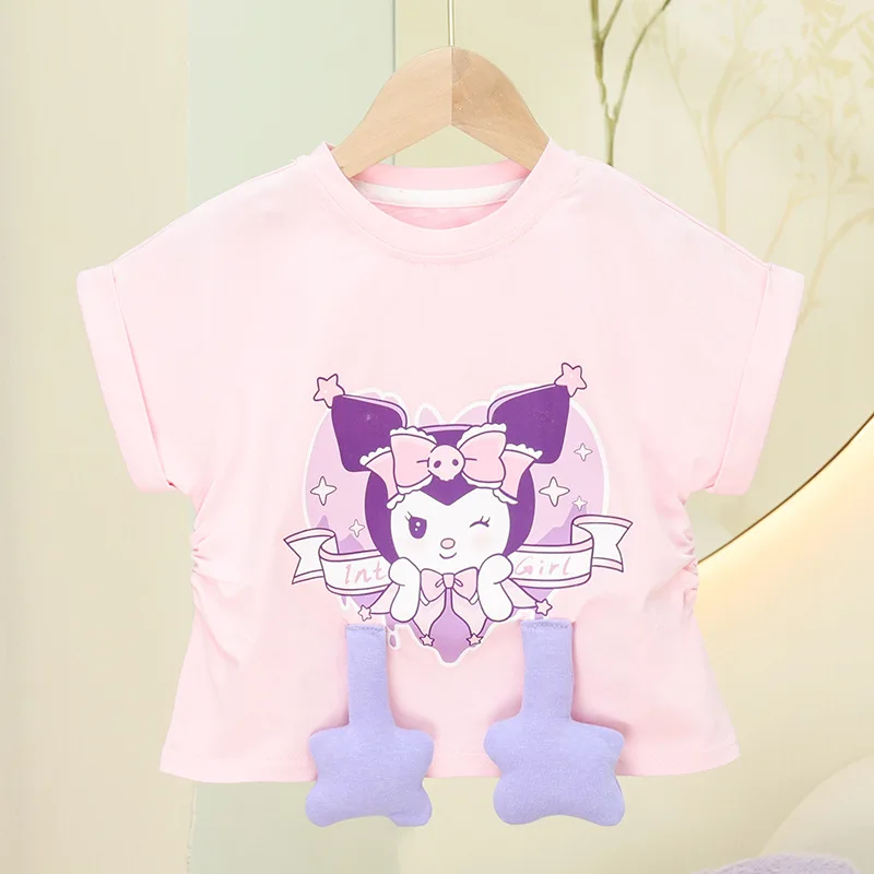 Sanrio ชุดเสื้อยืดแขนสั้นสำหรับเด็ก, แขนสั้นหน้าร้อนสำหรับเด็กผู้หญิงใหม่เซ็ตกระเป๋าผ้าคอตตอนลำลอง