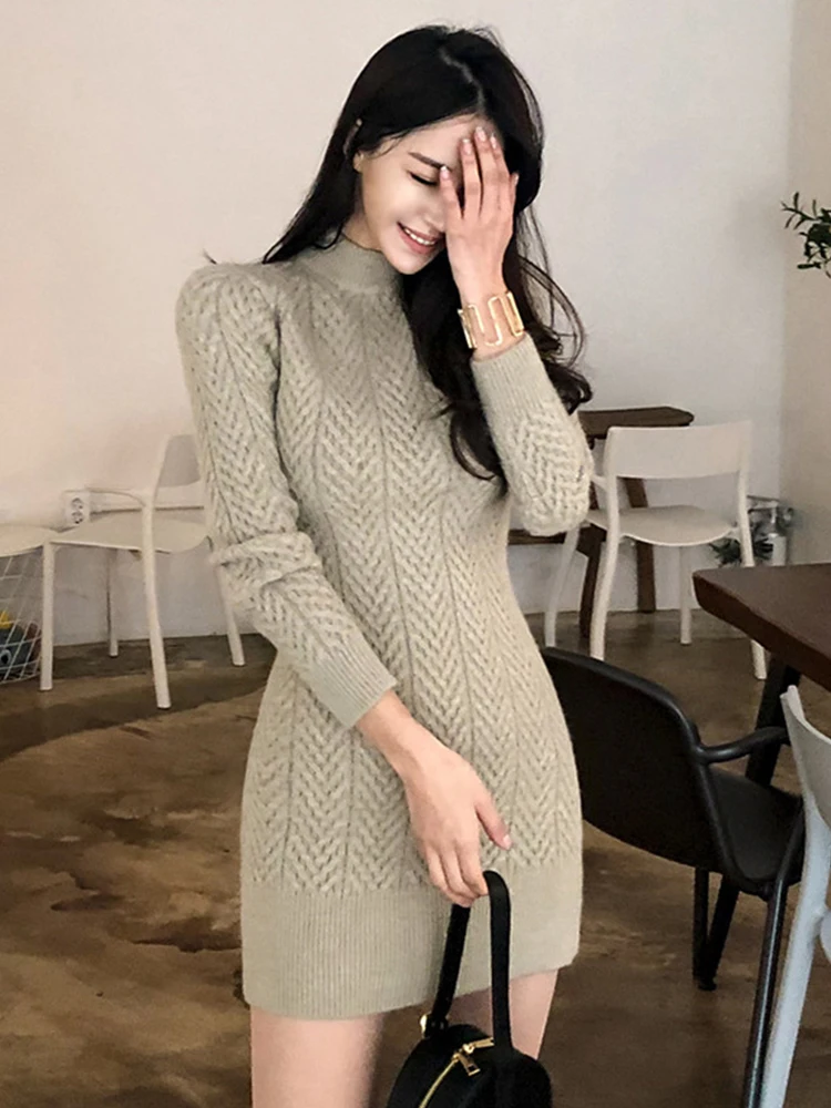 Autumn Winter Knitted Women Dress Sweater Solid Screw Thread Long Sleeve Skinny Mini Inner-Match Stretchy Street Mujer Vestidos