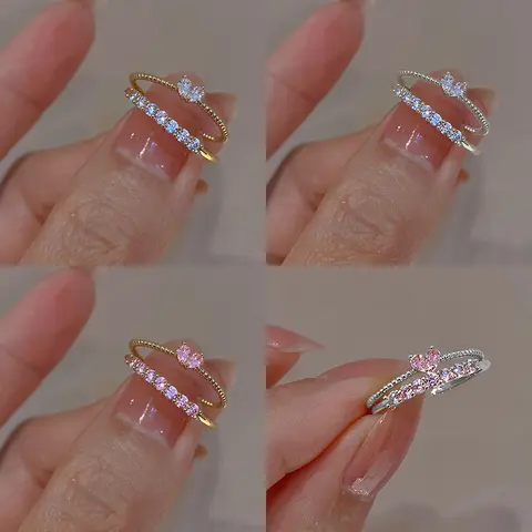 2PCS Aesthetic Elegant Dainty Crystal Heart Rings for Women Girls Gold Color Stackable Delicated Love Finger Ring Set Jewelry
