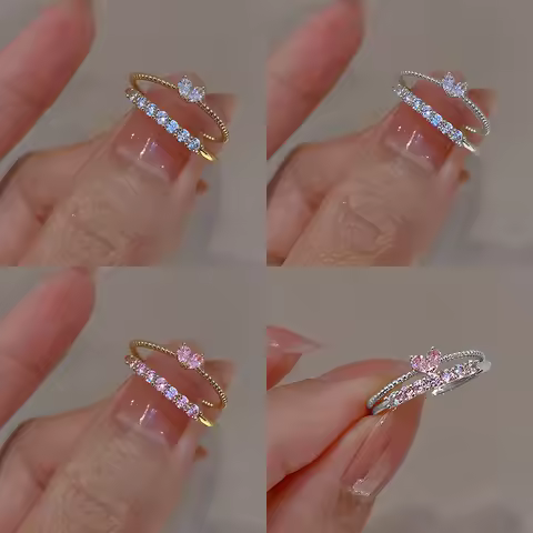 2PCS 여자를위한 미적 우아한 우아한 크리스탈 하트 반지 여자 골드 컬러 쌓을 수있는 섬세한 사랑 손가락 반지 세트 쥬얼리