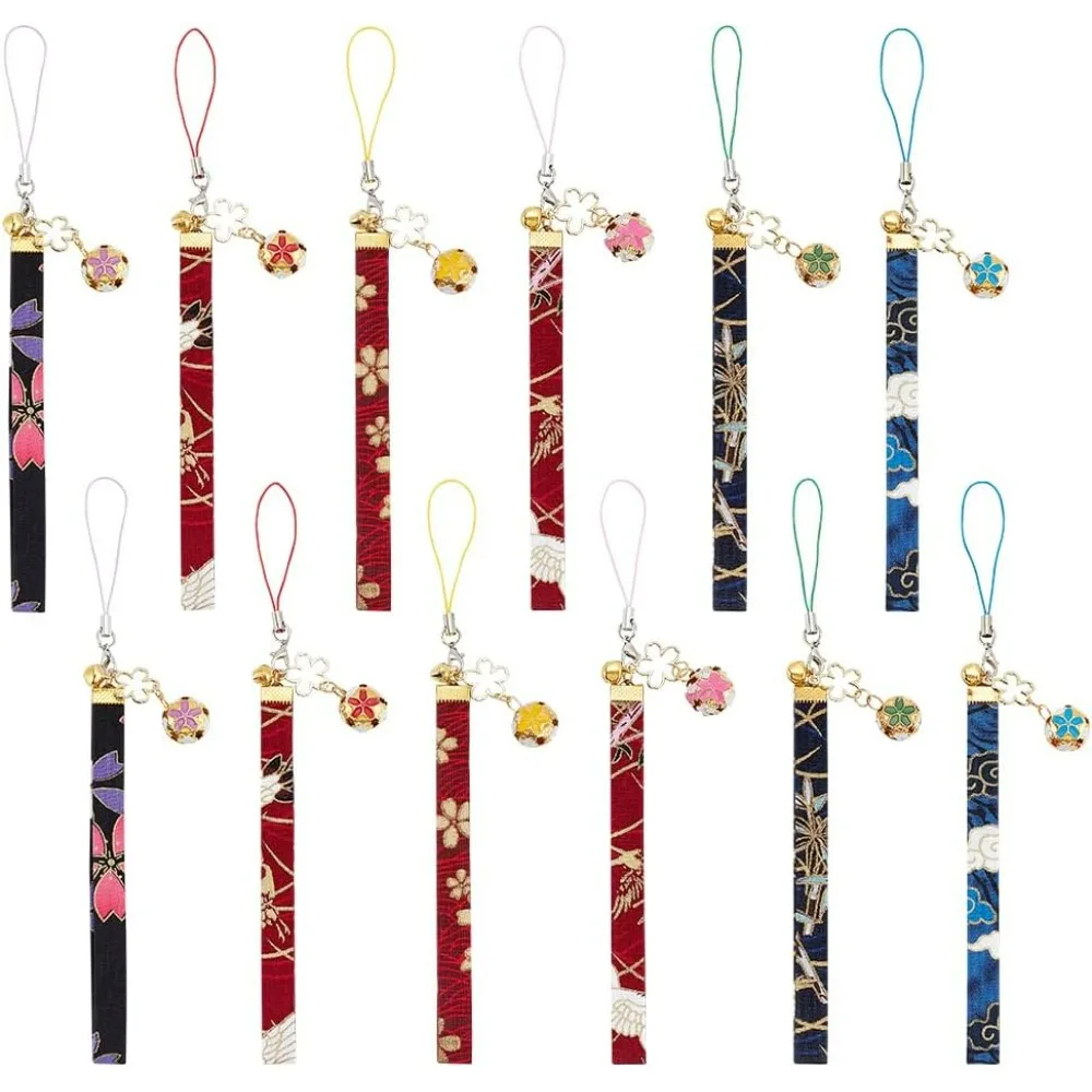 12 Pcs 6-Color Sakura Keychain Pendants Japanese Enamel Flower Keychains Bell Buckle Keyring with Flower Maneki Neko Key Ring