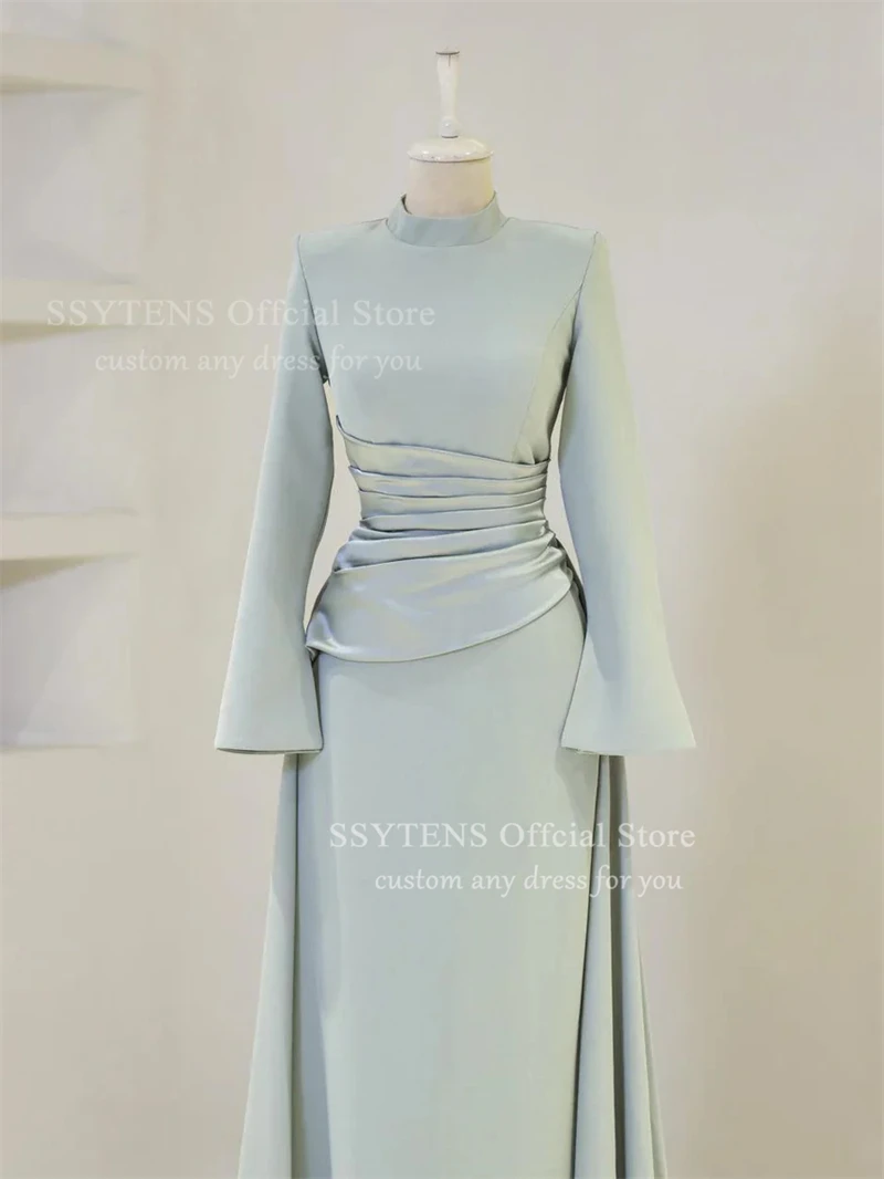 SSYTENS Elegant Burgundy Prom Dresses High-Neck Long Sleeves Mermaid Evening Dresses Muslim Satin Formal Gowns Dubai Customized