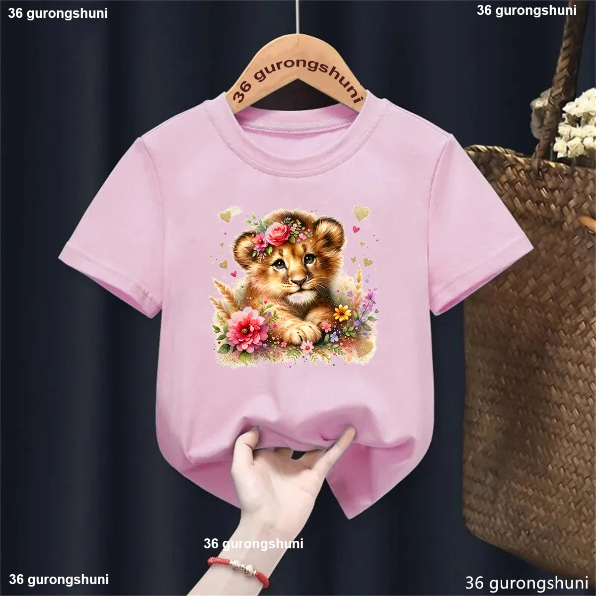 Harajuku Kawaii Kids Clothes Glitter Lion Love Flowers Animal Printed T Shirt Girls Summer Fashion Children'S Clothing T-Shirt