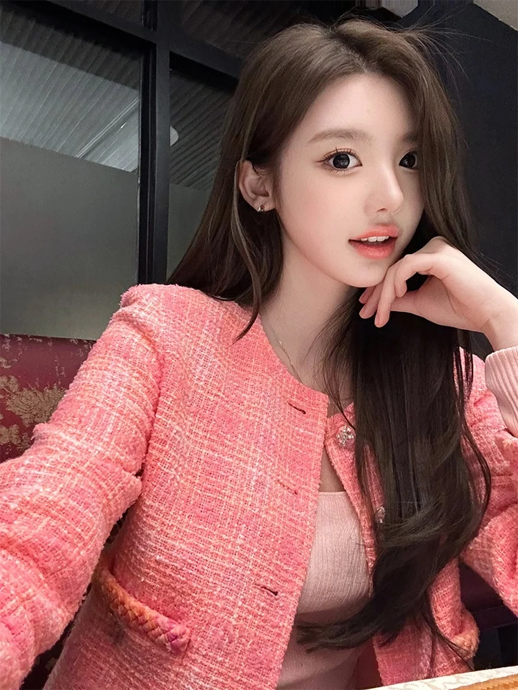 Korean Style Sweet Fragrance Wind Jacket Women's Pink Top High End Design Spring New Arrival Commute Style Pure Color Polyester