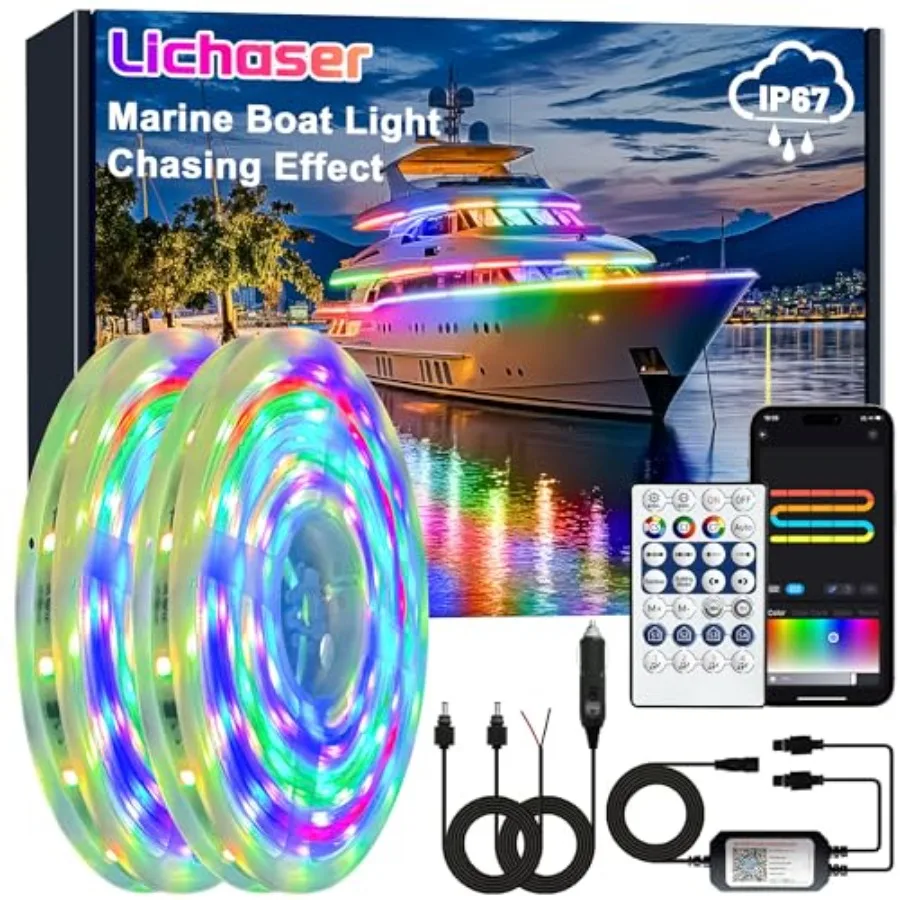 Boat LED Strip Light RGB+IC, Marine LED Light Strip for Pontoon with Remote, Segment App Control Boat Light Waterproof 12V, Coo