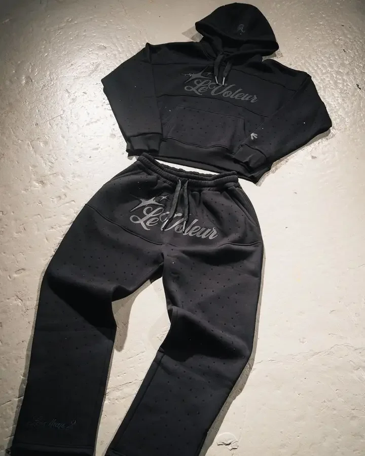 

Hoodie Sweatshirt Two Piece Set Y2K Men HipHop Letter Embroidered Vintage Rhinestone Sequins Oversized Sweatshirt Streetwear Set