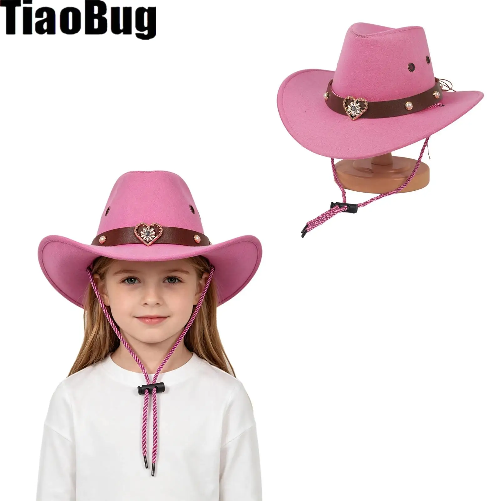 Unisex Kids Western Cowboy Hat Wide Brim Retro Band Decoration Cap Headwear with Adjustable String for Travel Outdoor