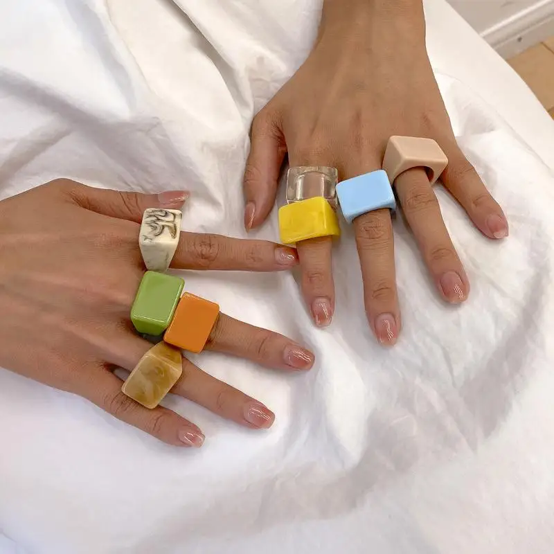 Colorful Acrylic Rings for Women Geometric Square Shape Fashion Jewelry Two Pieces Set Daily Wear