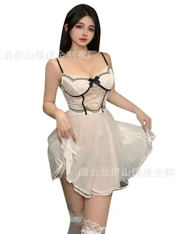 الفرنسية أنيقة مزاجه الحلو الدانتيل شبكة الربط Cinching الصدر مثير الحمالات فستان شبكة الدانتيل الحلو تانك فستان قصير FFXI