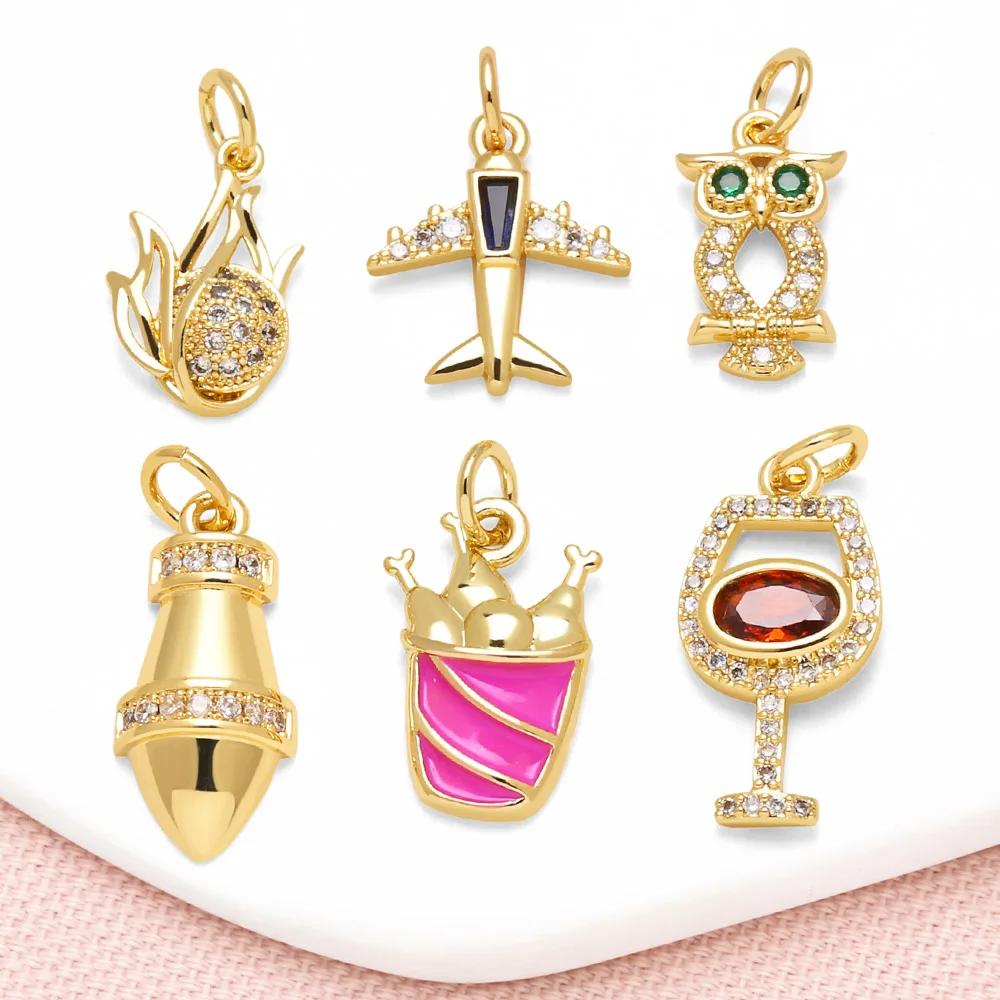 OCESRIO Fuchsia Enamel Drumsticks Charms for Bracelet Copper CZ Plane Missile Wine Glasses Jewelry Making Component chma394