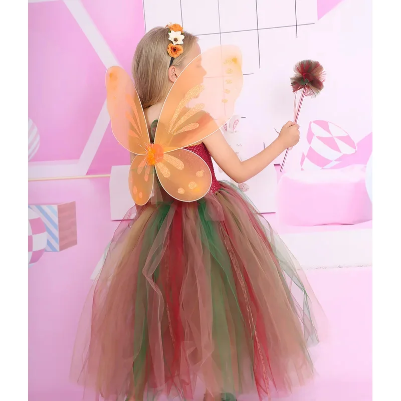 Jungle Fairy Princess Dress Children's Dress Tutu Dress Wings Girl Birthday Party Halloween Role Playing Ball Dress Fairy Dress
