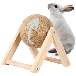 Bunny Scratch Ball Spinning Rabbit Scratching Toy Natural Sisal Scratch Ball With Stable Wood Base Interactive Pet Scratcher Toy