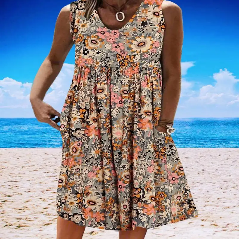 

Plus Size Women's Sleeveless V-neck Graphic Floral Printed Midi Dress