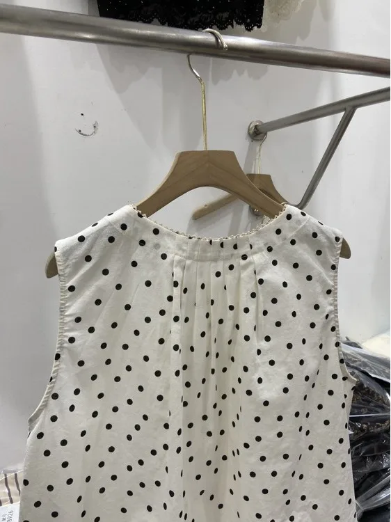 캐주얼 코튼 린넨 민소매 라운드넥 물방울 무늬 여성용 루즈핏 데일리 셔츠 여름 2025 신상 우아한 스몰 사이즈 상의