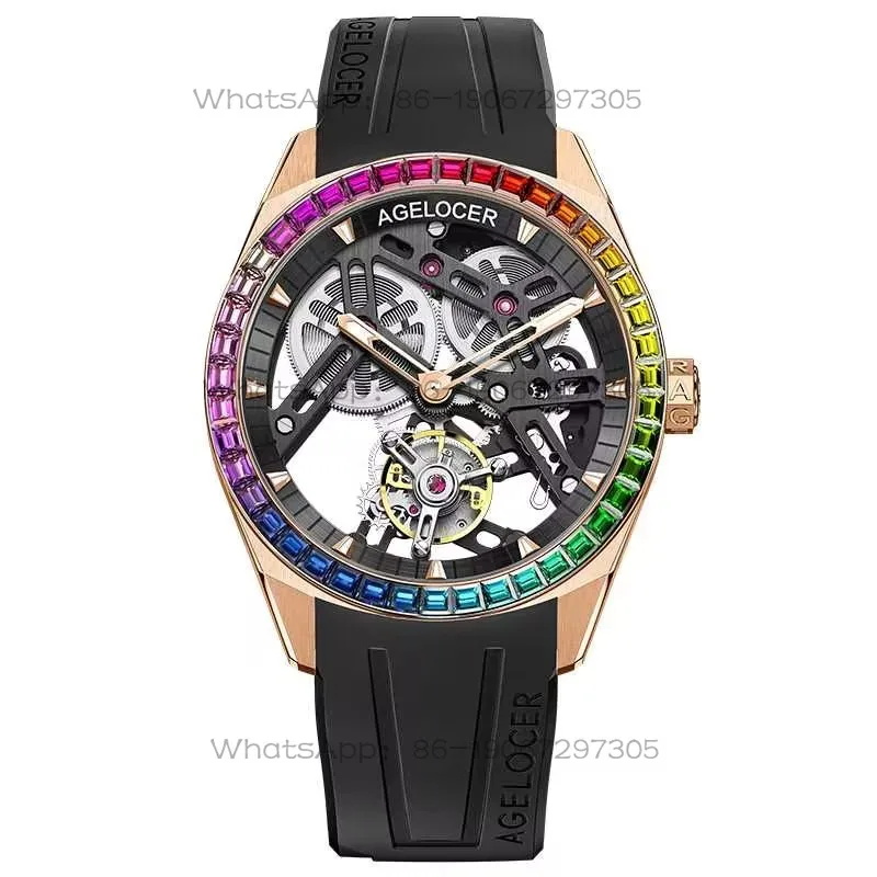 

AGELOCER оригинальные часы с турбийоном, Радужный ободок, роскошные механические часы с черепом, мужской подарок на день рождения