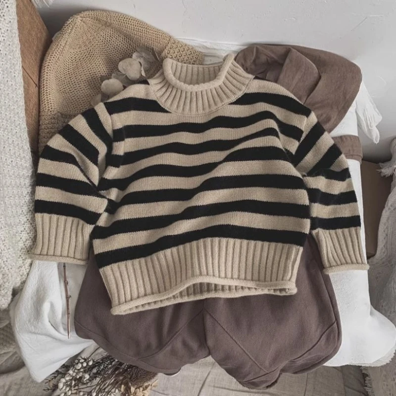 Kids Striped Sweater Autumn Winter Loose Half Turtleneck Pullover Top Unisex Baby Knitwear Korean Style Fashion Warm Jumper