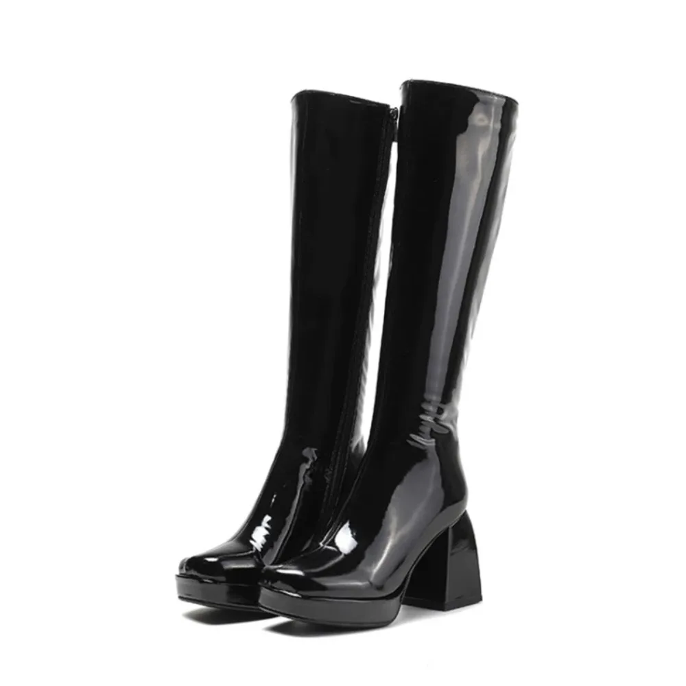 

Knee High Boots Women Patent Leather Sexy Autumn Winter Warm Zip Chunky Heels Square Toe Black Long Platform Boots 21-44A