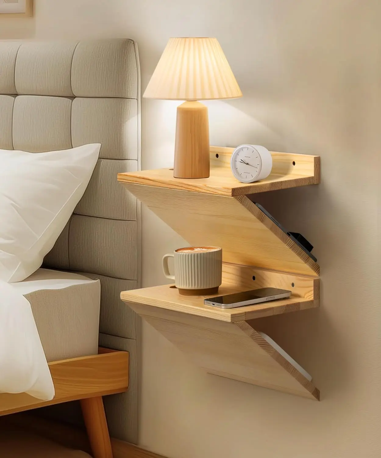 

Floating Nightstand, Walnut Wood Floating Bedside Table Z-Shape Wall Mounted Nightstand Small Hanging Night Stands For Bedroom