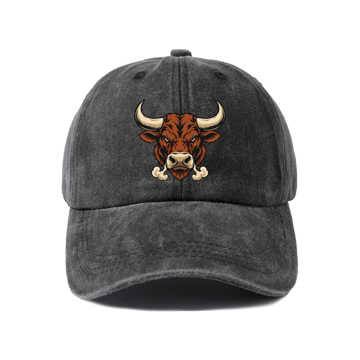 Longhorn Bull Portrait Graphic Vintage Washed Baseball Cap, Adjustable Unisex Dad Hat, Weekend Gift