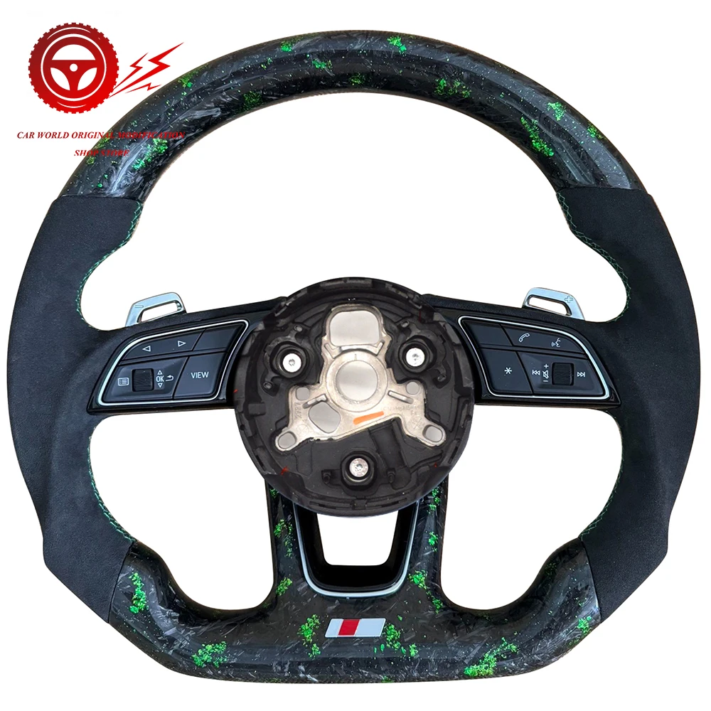 Forged Carbon Fiber Suede Leather Green Line Flat Bottomed Sports Steering Wheel Assembly,For Audi A3 A4 B9 A5 S4 S5 RS4