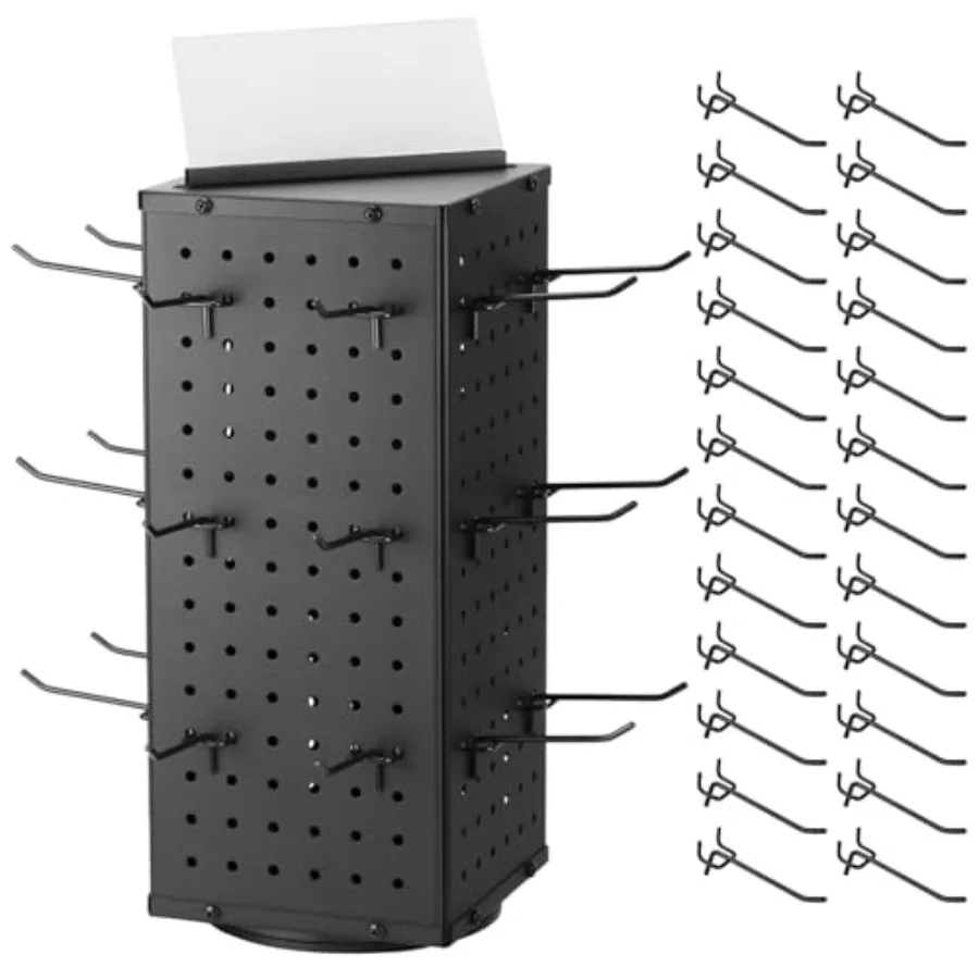 QWORK Rotating Metal Pegboard Display Stand 4-Sided Spinner with 24 Hooks for Jewelry Craft and Retail Use